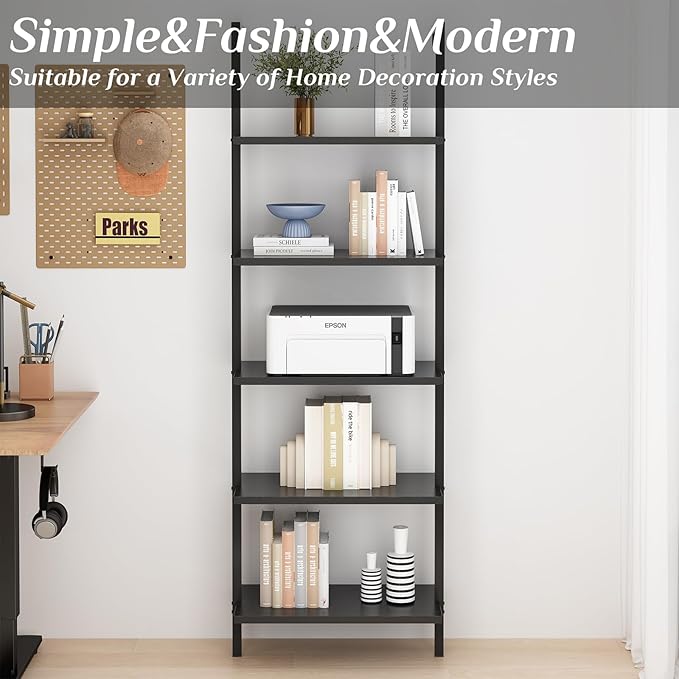Karl home Ladder Shelf 5 Tier Wall Mounted Bookcase with Metal Frame, Open Design Shelves for Living Room, Bedroom, Home, Dark Walnut (23.62" L x 11.81" W x 70.87" H)