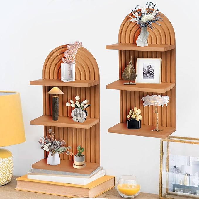 Qivine 2Pcs Boho Shelves for Wall, 3 Tier Rainbow Arch Wooden Floating Shleves, Boho Mid Century Shelf with Arched Wood Design Wall Mounted for Living Room, Bedroom, Bathroom Decor (Brown, 3-Tier)