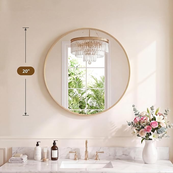 NEWBULIG 20-Inch Round Wall Mirror, Bathroom Wall Circle Mirror with Metal Frame, Bathroom Decor for Entryway, Living Room, Vanity, Gold