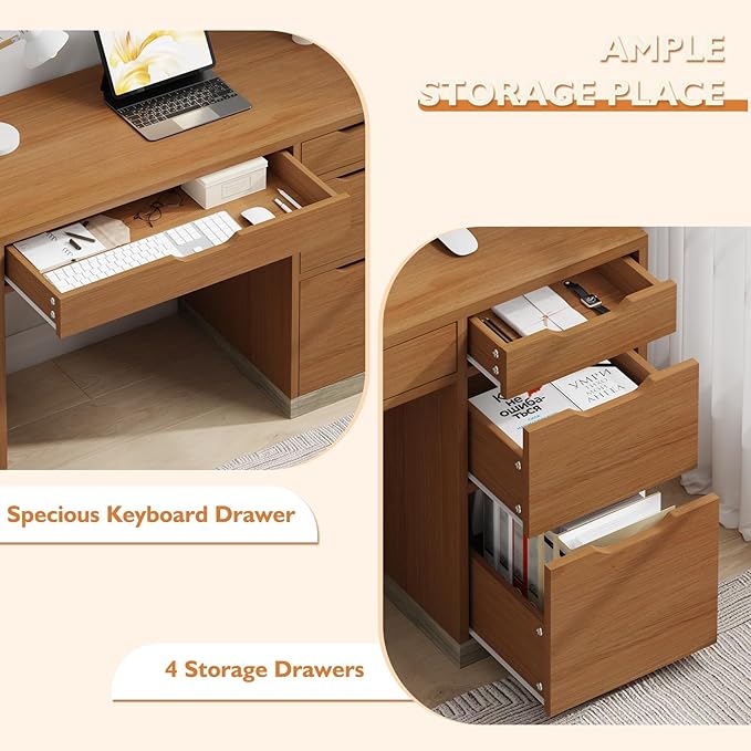 MaverickFurni 48 Inch Small Desk with 4 Drawers, Computer Desk with Storage File Drawer for Bedroom, Home Office Desk with Storage for Small Space, Brown