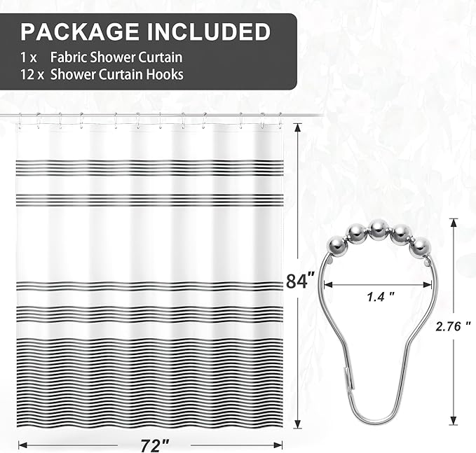 AmazerBath Shower Curtain, Striped Black Fabric Shower Curtain Set with 12 Shower Curtain Hooks, Rustic Cloth Black and White Curtain, Farmhouse Bathroom Shower Curtain Sets, 72x84 Inches
