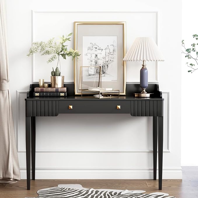 Space-Saving Black Wood Makeup Vanity Desk – Modern Computer Table with Drawers & Gold Handles