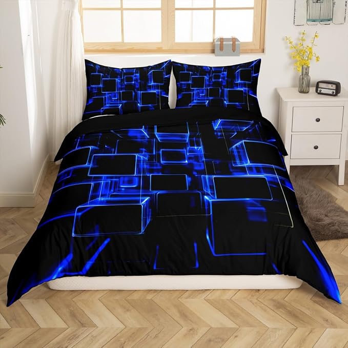 Erosebridal Honeycomb Blue and Black Kids Duvet Cover, Modern Geometric Square Bedding Sets for Boys Girls Gradient Neon Light Abstract Bed Set Twin 2 Pieces, Zipper Closure