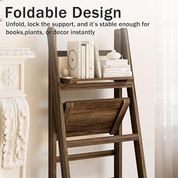 Ladder Shelves - Folding Wooden Ladder Bookshelf, 4-Tier Retro Plant Stand Storage Shelves for Home Living Room, Brown