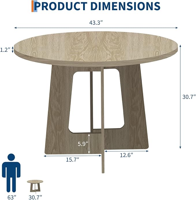Round Dining Table for 4, 43.3" Kitchen Table for Dining Room, Circle Farmhouse Kitchen Table, Wood Dinner Table for Kitchen, Living Room, Apartment, Natural