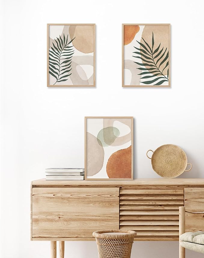 HesenDot Unframed Neutral Boho Wall Art Set of 3, 12x16in Botanical Leaves Abstract Geometric Canvas Posters, Minimalist Modern Aesthetic Wall Decor for Bedroom Living Room Home, Unframed