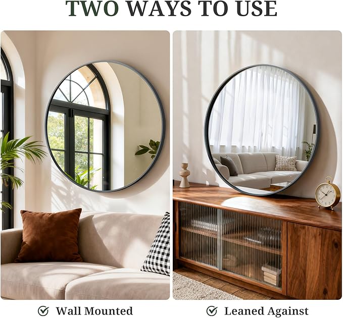 Round Wall Mirror 24 Inch Black Vanity Mirror with Metal Frame, Modern Circle for Bathroom, Entryway, Bedroom, Living Room, Wall Mounted Decorative Mirrors