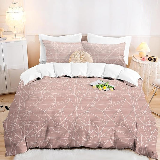 NTBAY 3 Pieces Brushed Microfiber Queen Duvet Cover Set, Super Soft Geometric Printed Zipper Comforter Cover with Corner Ties and 2 Pillow Shams, Pink