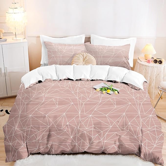 NTBAY 2 Pieces Brushed Microfiber Twin Duvet Cover Set, Super Soft Geometric Printed Zipper Comforter Cover with Corner Ties and 1 Pillow Sham, Pink
