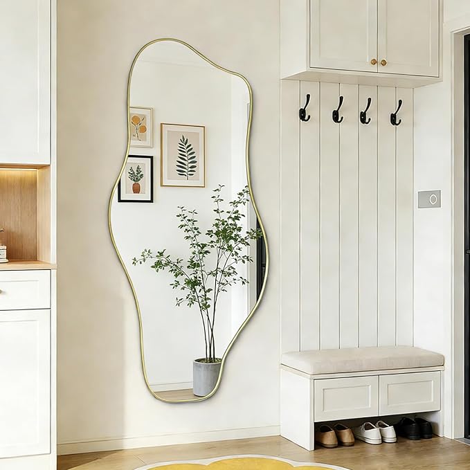 Large Irregular Mirror, 54.5"x24" Asymmetrical Tempered Glass Mirror for Wall, Gold Abstract Frameless Mirrors for Living Room Bathroom Bedroom Hallway Entryway, Horizontal or Vertical Hanging