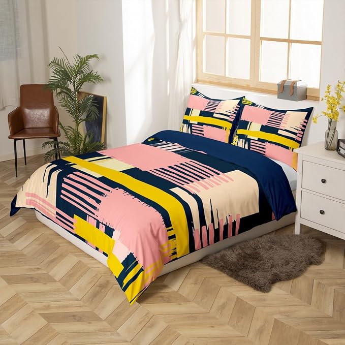 Erosebridal Vintage Mid Century Duvet Cover Full Retro Minimalism Bedding Set Hippie Watercolor Comforter Cover Pink Beige Navy Ombre Bed Set, Geometric Stripe Patchwork Bedding Abstract Decor