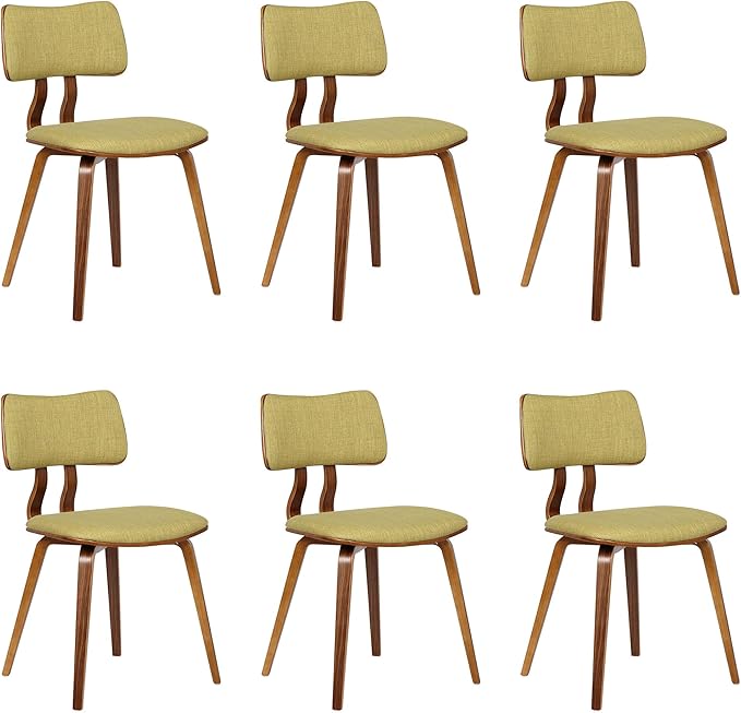 Armen Living Jaguar Mid-Century Dining Chair in Walnut Wood and Green Fabric - Set of 6