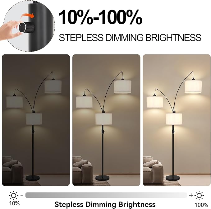 AHDWDW Dimmable Arc Floor Lamp-3 Lights Floor Lamps for Living Room,Modern Tall Standing Lamp with Beige Drum Shades&Heavy Base,Mid Century Tree Floor Lamp for Bedroom Corner Office,Bulbs Included