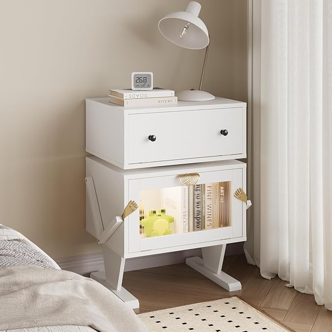 RoyalCraft Large Nightstand Set of 2 with LED Lights, White End Table with 360°Rotating Drawer, Modern Bedside Table with Storage, Wood Night Stand for Bedroom, Home Office, White