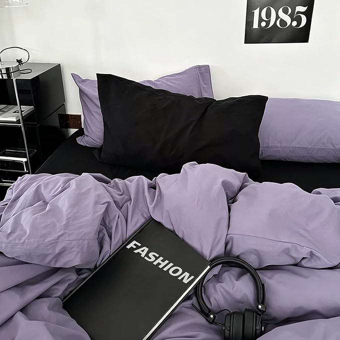 mixinni Solid Purple Duvet Cover Set Queen Size - 100% Washed Cotton 3-Piece Minimalist Bedding Set, Ultra Soft Breathable Solid Color Purple Comforter Cover with Zipper & Corner Ties, Full Size