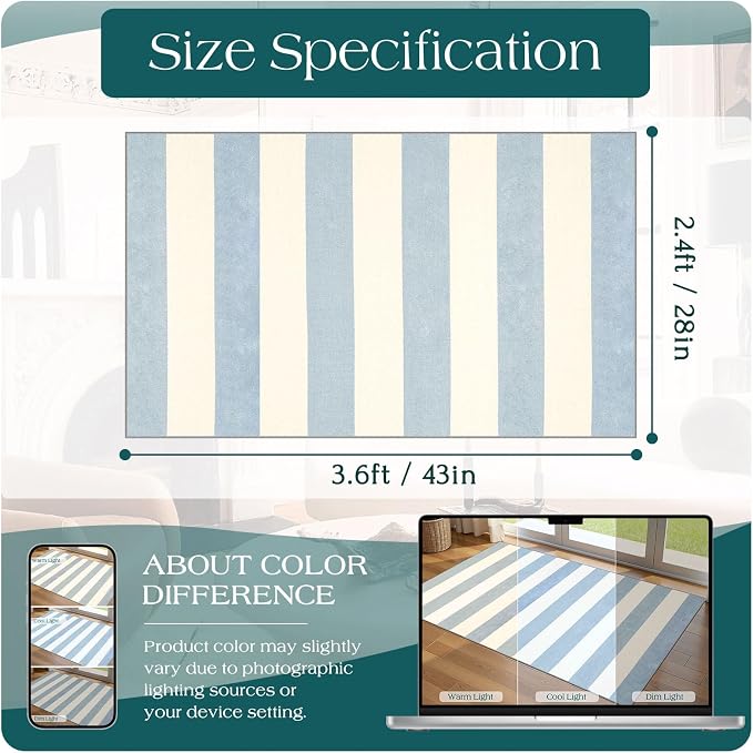 Blue White Striped Outdoor Rug - 28" x 43" Front Door Mat Indoor Outside Entrance Non-Slip Washable Summer Welcome Mat for Front Door Coastal Rug for Entryway Kitchen Bedroom Porch Decor