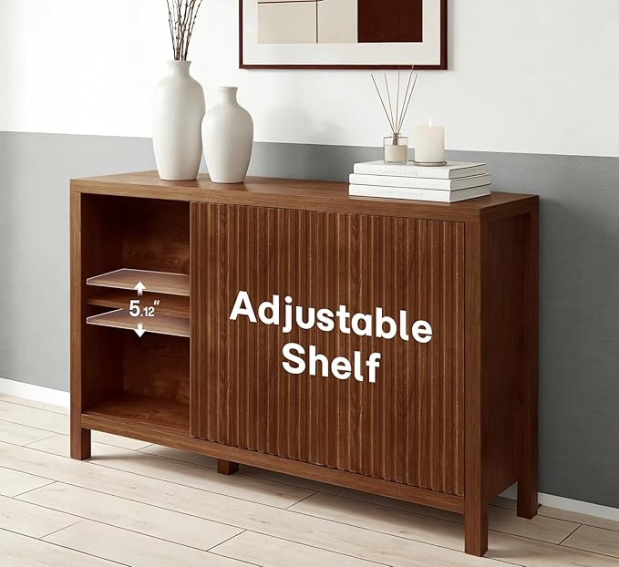 ZYBT Fluted Sideboard Buffet Cabinet with Storage, Modern Credenza Buffet Sideboards Bar Cabinet Console Table with Adjustable Shelves Slide Door for Living Room Hallway Kitchen Entryway