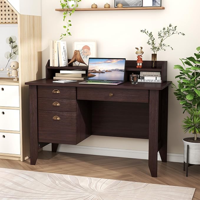 48" Vintage Computer Desk with 4 Storage Drawers & Top Hutch, Home Office Workstation with Drawer & Monitor Stand, Wooden Study Work Writing Table (Brown)