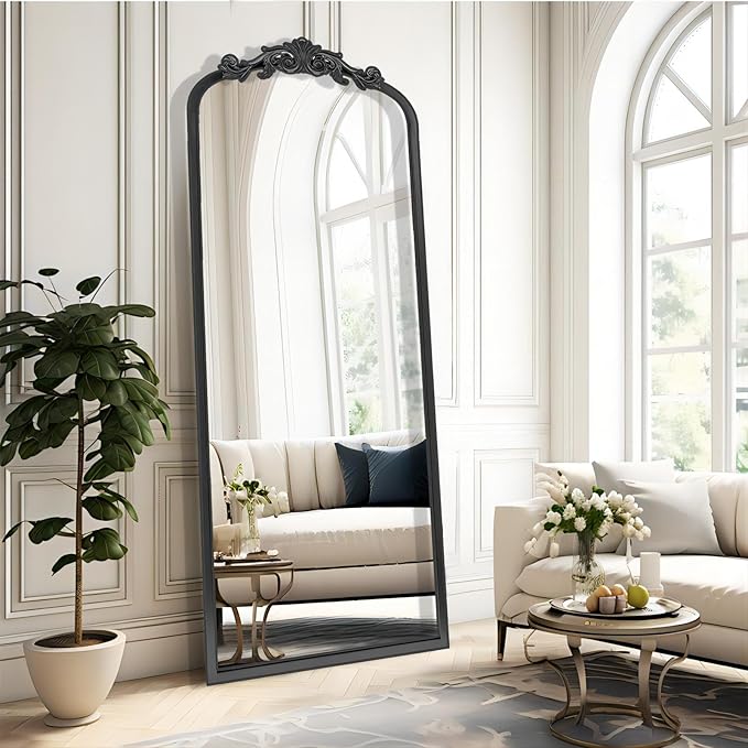 Vintage Black Antique Arched Full Length Floor Mirror 22"X65",Traditional Elegant Baroque Floor Body Mirror with Ornate Matel Frame,French Wall Mirror for Dressing/Living Room/Hallway