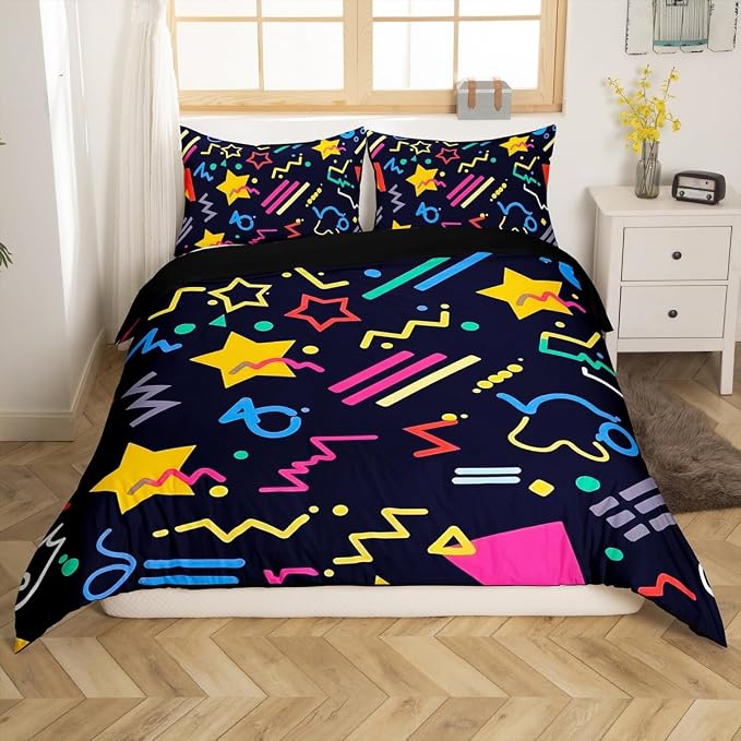80s 90S Fashion Style Bedding Set Queen Size,Retro Memphis Style Pattern with Geometrical Shapes Duvet Cover for Kids Child,Funky Hipster Old Fashioned Comforter Cover Geometric Bedroom Decor