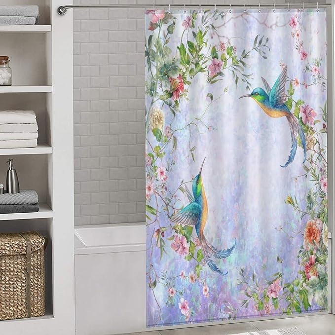 Hummingbird Flower Shower Curtain for Girls,Purple Watercolor Floral Bird Nature Plant Waterproof Shower Curtains for Bathroom Decor 12 Pack Hooks 55x72in（140x183cm）