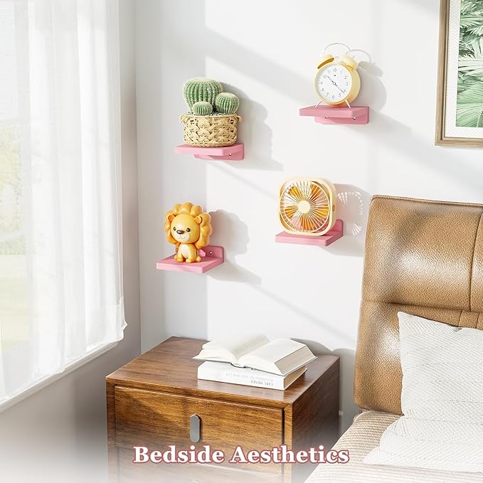SRIWATANA Small Floating Shelves Wall Mounted, Wood Shelf for Decoration and Storage Set of 4, Mini Display Shelf for Bedroom, Bathroom, Kitchen, Office (Pink, 5 inch)