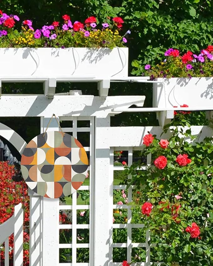 Welcome Sign for Front Door Mid Century Geometric Wood Door Hanger for Outdoor Outside Porch,12 Inch Round Wooden Wreath Indoor Wall Hanging Decoration, Abstract Modern Retro