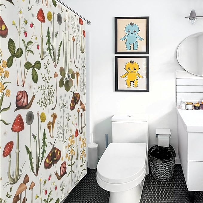 Mushroom Shower Curtain for Bathroom, Farmhouse Country Wild Floral Moth Botanical Mushroom Cottagecore Nature Plants Herbs Waterproof Fabric Shower Curtain Set with Hooks, 72"x72" Inch