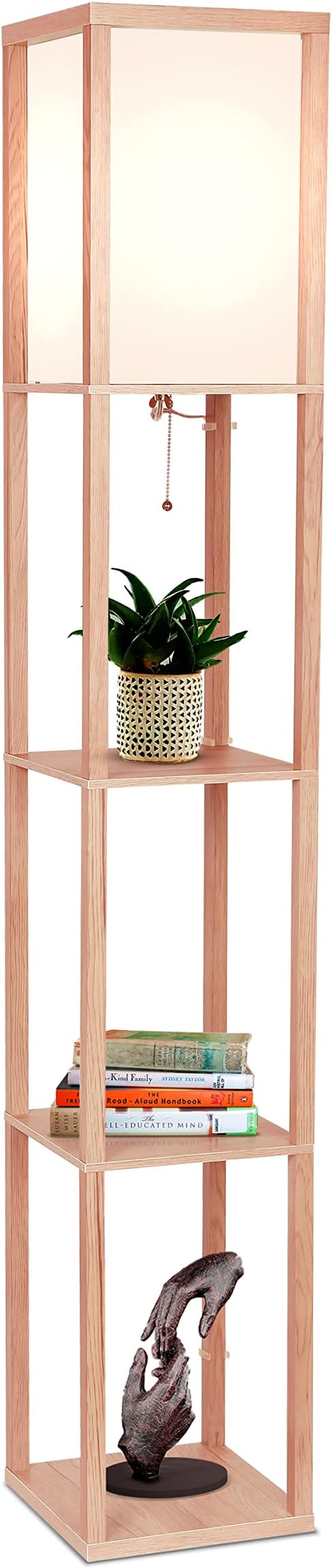Brightech Maxwell - Modern Shelf Floor Lamp with Lamp Shade & Warm White LED Bulb, Corner Display Floor Lamp with Shelves for Living Room, Bedroom, Nightstand Office, Home Decor Storage - Natural Wood