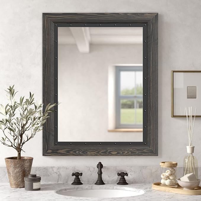 YOSHOOT Rustic Wooden Framed Wall Mirror, 30"x20", Natural Wood and Iron Bathroom Vanity Mirror for Farmhouse Decor, Vertical or Horizontal Hanging