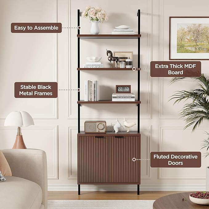 Ladder Bookshelf with Cabinet, 71" Tall Wall Mounted Bookcase with Shelves & Storage, Fluted Ladder Shelf with Metal Frame, 6-Tier Wall Bookshlef for Living Room, Office, Bedroom, Walnut & Black