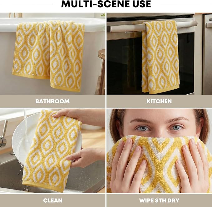 Artoid Mode 1 Pc Beige Yellow Diamond Grid Jacquard Hand Towels for Bathroom, 100% Cotton Soft Absorbent Bathroom Decor Towels, 13.7 x 29.5 Inch