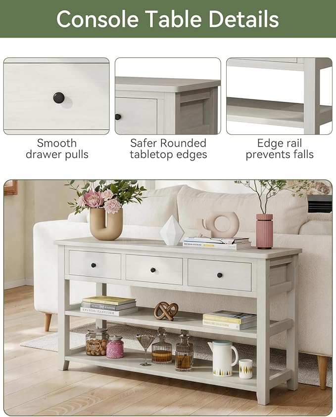 Karl home Console Table Entryway Desk, Sofa Side Table with 3 Drawers 2 Bottom Storage Shelves, Vintage TV Stand for Hallway Living Room Office, Antique White 29.9" H