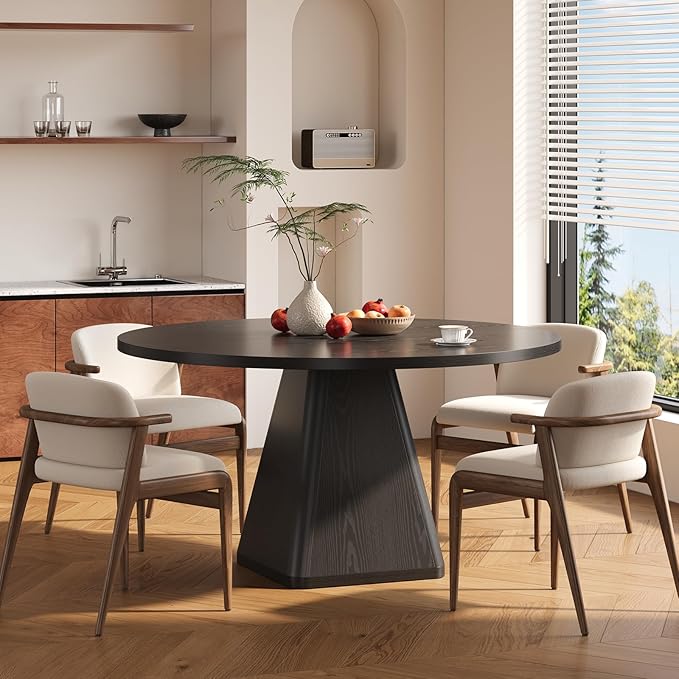 47 Inch Round Dining Table for 4-6, Circle Kitchen Table with Thickened Tabletop, Modern Dining Room Tables with Square Pedestal Base, Dinner Tables for Kitchen Small Space, Black (Table Only)