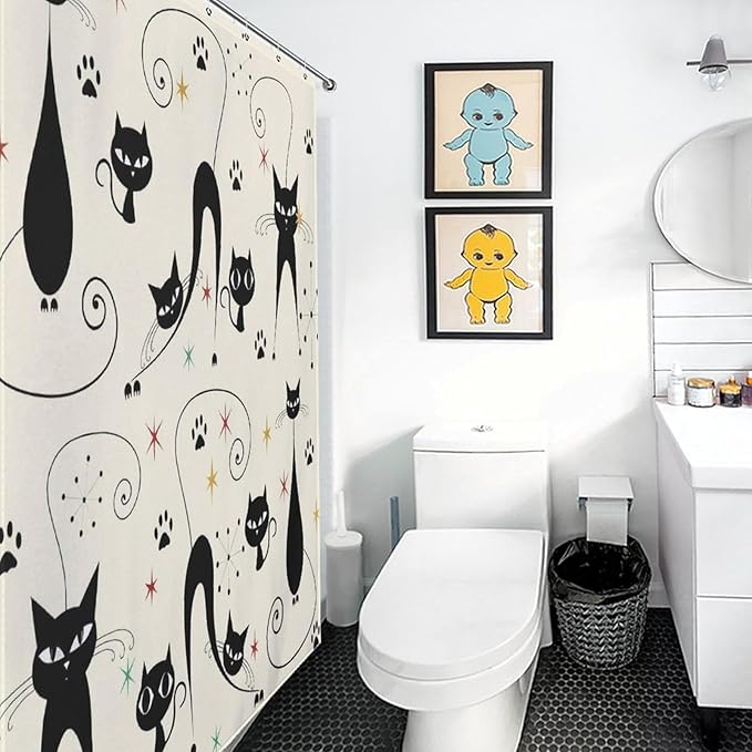 Mid Century Modern Shower Curtain,Retro Atomic Cat Star Paw Print Retro Abstract Geometric 1960s Fabric Bathroom Decor Curtains with Hooks 72x72in（183x183cm）