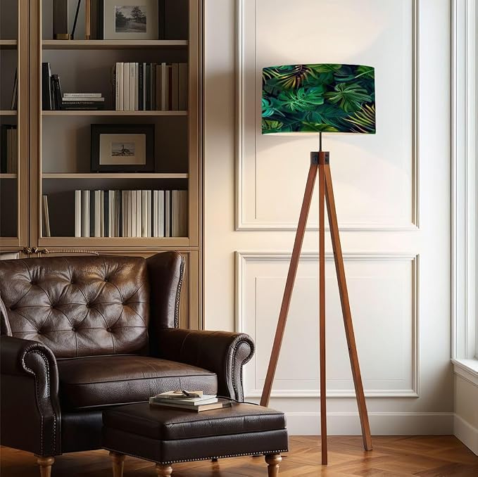 Wood Tripod Floor Lamp Seamless pattern exotic tropical plants modern style Trendy jungle Mid Century Standing Lamp Linen Shade Dimmable Modern Tall lamp Home Decor for Living Room Bedroom Office