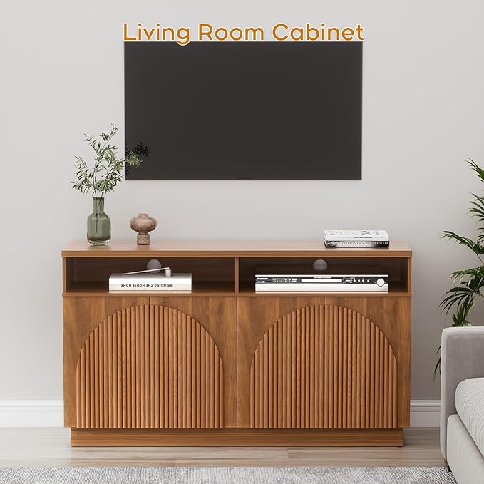 Yechen Walnut Fluted Sideboard Buffet Cabinet with Arched Reeded Design Doors, Mid Century Modern Credenza Storage Cabinet with Adjustable Shelves, for Living Room Kitchen Dinning Entryway