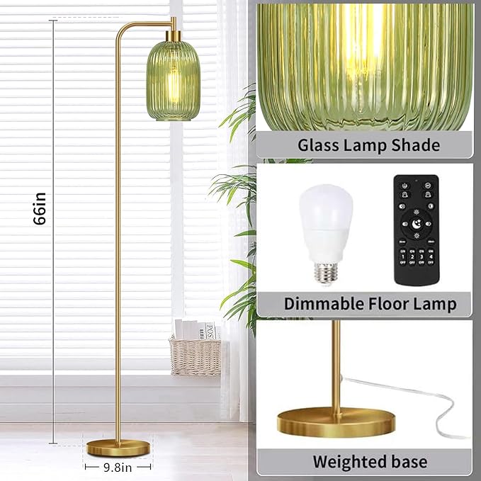 Floor Lamp for Living Room,Bedroom,Gold Dimmable Standing Lamp with Remote,Mid Century Modern Brass Tall Lamp Retro Vintage Green Glass Lamp Floor Light Boho Bohemian