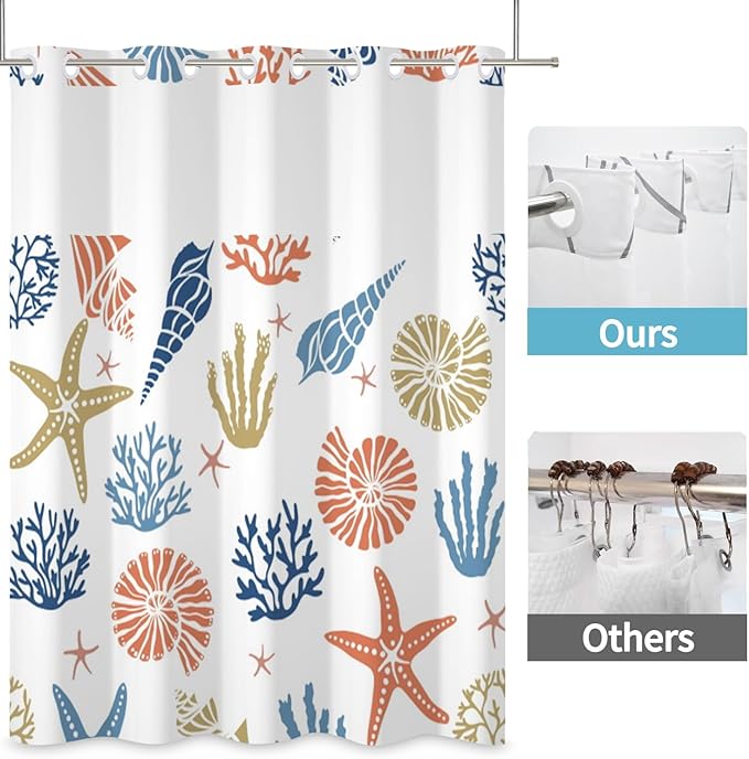 No Hook Nautical Coastal Shower Curtain with Snap in Liner Set Ocean Themed Coral Seashell Starfish Beach Shower Curtains Polyester Fabric Waterproof Bathroom Curtains 71Wx74H