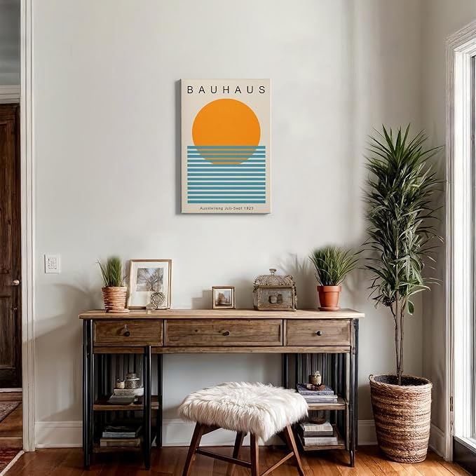 Bauhaus Canvas Wall Art Sunrise Sunset Pictures Boho Sun Artwork Mid Century Modern Painting Geometric Gallery Wall Art Bauhaus Exhibition Poster Abstract Minimalist Prints 16x24inch Wood Framed