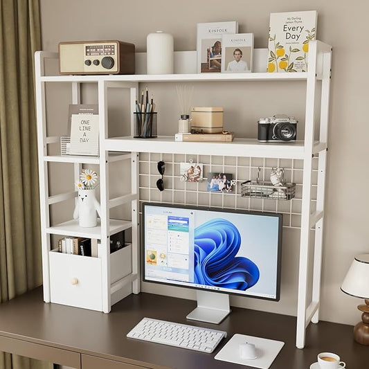 Desk Shelf,Computer Desktop Storage Rack,4 Tier Desk Organizer with Pegboard Hooks Set,Wood Desktop Bookshelf for Home Office Dorm,Office Desk Bookshelf with a Woven Drawer,White