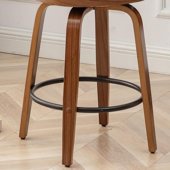 30" Swivel Rattan Bar Stools Set of 2,Mid-Century Modern Beige Linen Fabric Upholstered Counter Height Stools,Kitchen Island Barstools with Rattan Low Backrest,Walnut Wood Finish Bar Chair