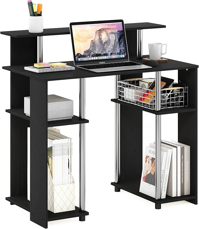 Furinno Jaya Simple Design Computer Writing Desk, Americano/Stainless Steel, 20.3 (D) x 35.6(W) x 35.7 (H) inches.