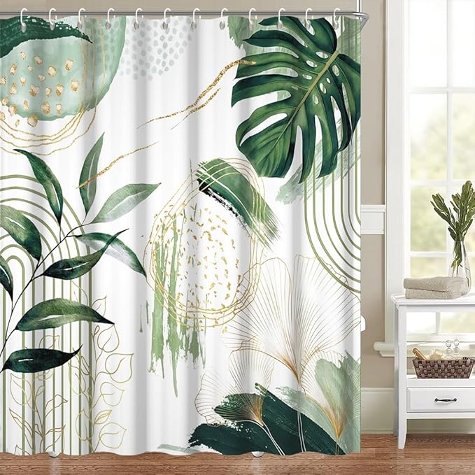 Modern Boho Shower Curtain Green Gold Tropical Palm Leaf Abstract Geometric Minimalist Aesthetic Bathroom Decor Watercolor Plant Bath Curtain Washable Waterproof Polyester Fabric with Hooks 72x84 Inch