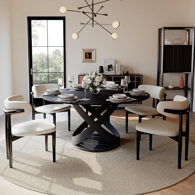 POVISON 60" Round Dining Table for 6, Modern Dining Room Table with Lazy Susan, Matte Black Sintered Stone Dining Tabletop with X-Shape Carbon Steel Base (Table Only)