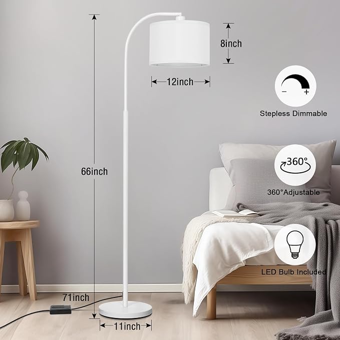 Floor lamps for Living Room, White Arc Floor Lamp with Stepless Dimmer, Modern Standing Lamp with Adjustable Drum Shade, Tall Pole Lamp for Bedroom Study Room Office, 9W 3000K LED Bulb Included