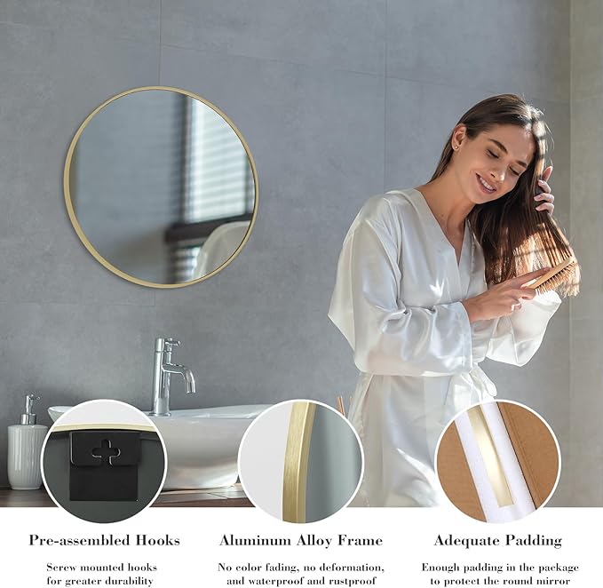 Sweetcrispy 20 Inch Round Wall Mirror with Tempered Glass, Bathroom Mirror Over Sink, Anti-Fog & Waterproof Round Mirrors for Bathroom, Entryway, Bedroom, Shatterproof Design, Gold