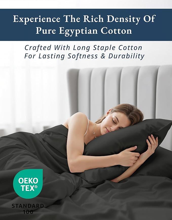 100% Egyptian Cotton Sheets Queen Size Bed Set – Naturally Cooling & Breathable Sateen Queen Sheets Set, Authentic Long-Staple Cotton for Lasting Softness, Snug Fit 15" Deep Pocket Fitted - Black