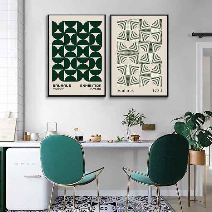 2Pcs Bauhaus Mid Century Modern Wall Art Retro Exhibition Posters Prints Green Boho Geometric Abstract Minimalist Wall Decor Pictures for Bedroom iving Room Dining Room UNFRAMED (Green, 12x16in)