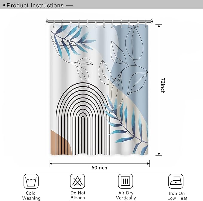 Abstract Mid Century Bathroom Shower Curtain Bohemian Eucalyptus Leaves Stripes Arch Light Blue Shower Curtain with Hooks Waterproof Polyester Fabric Home Decor, 60x72 Inch